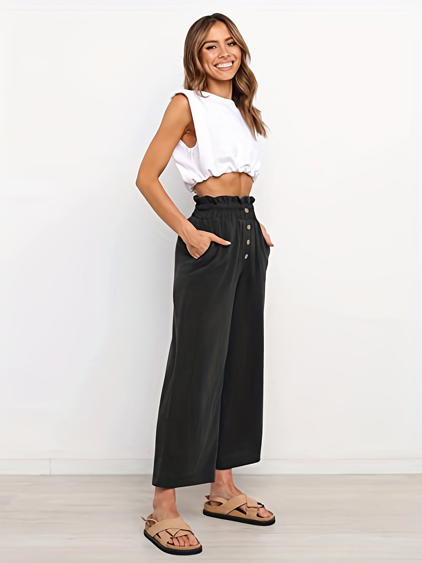 Solid Button Wide Leg Pants Casual Paper Bag Waist Pants