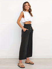Solid Button Wide Leg Pants Casual Paper Bag Waist Pants