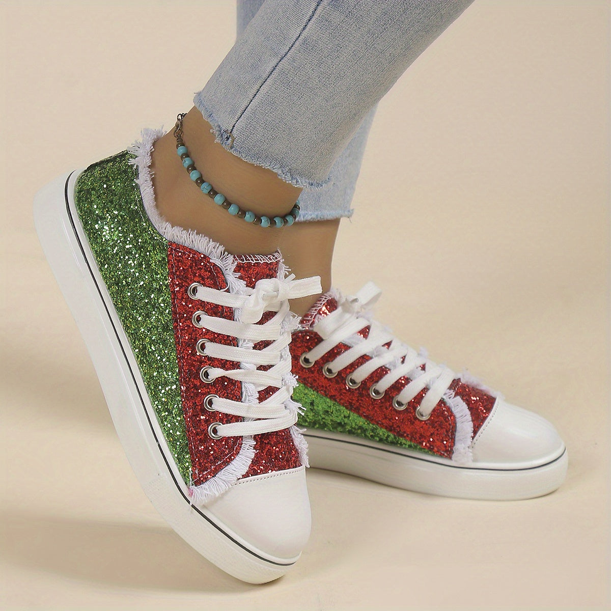 Women's Sequin Skate Shoes Lace Up Sport Shoes