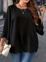 Plus Size Solid Lace Trim Three Quarter Sleeve Blouse