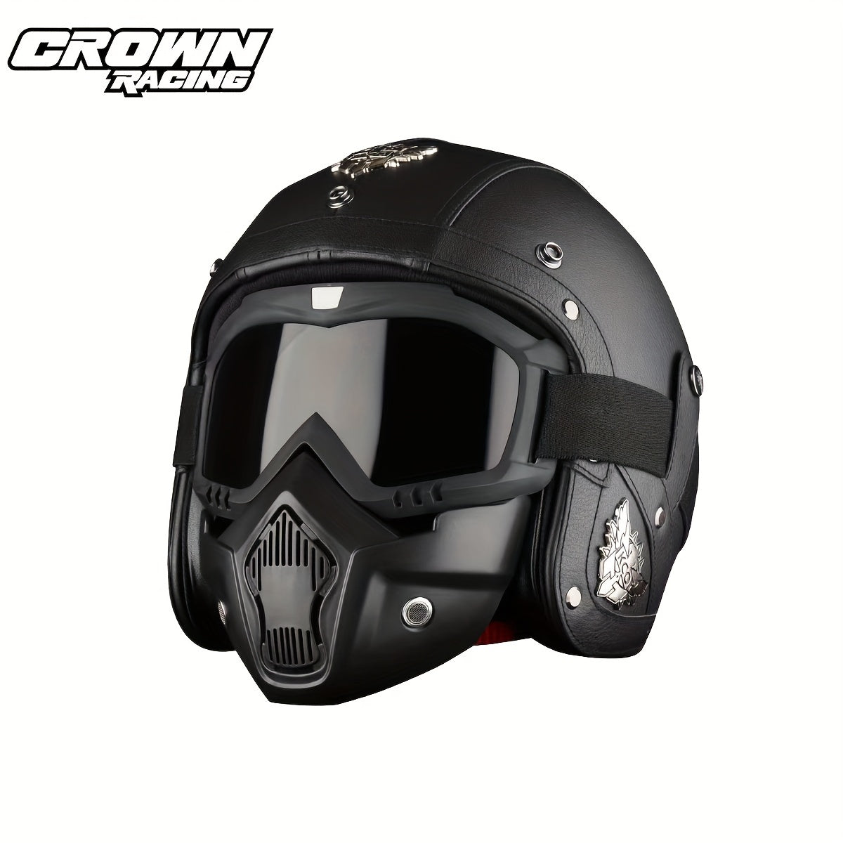 Crown Racing Retro Motorcycle Safety Men's Open Helmet with Mask