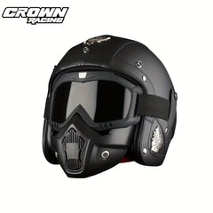 Crown Racing Retro Motorcycle Safety Men's Open Helmet with Mask