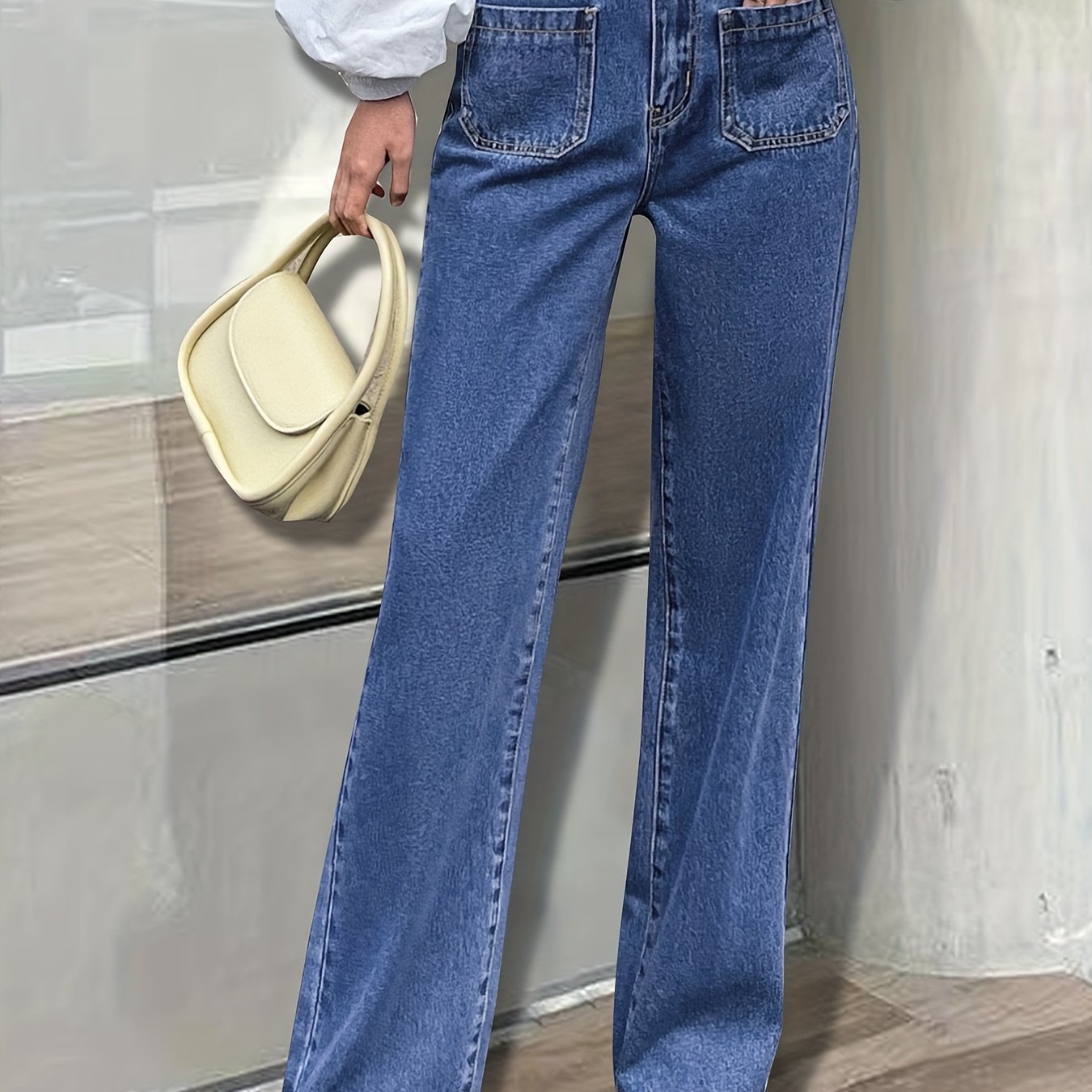 Patch Pockets Straight Jeans Loose Fit Non Stretch Denim Trousers