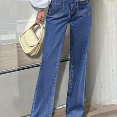 Patch Pockets Straight Jeans Loose Fit Non Stretch Denim Trousers