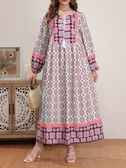 Boho Abaya Dress Women's Plus Allover Print Tassel Tie Neck
