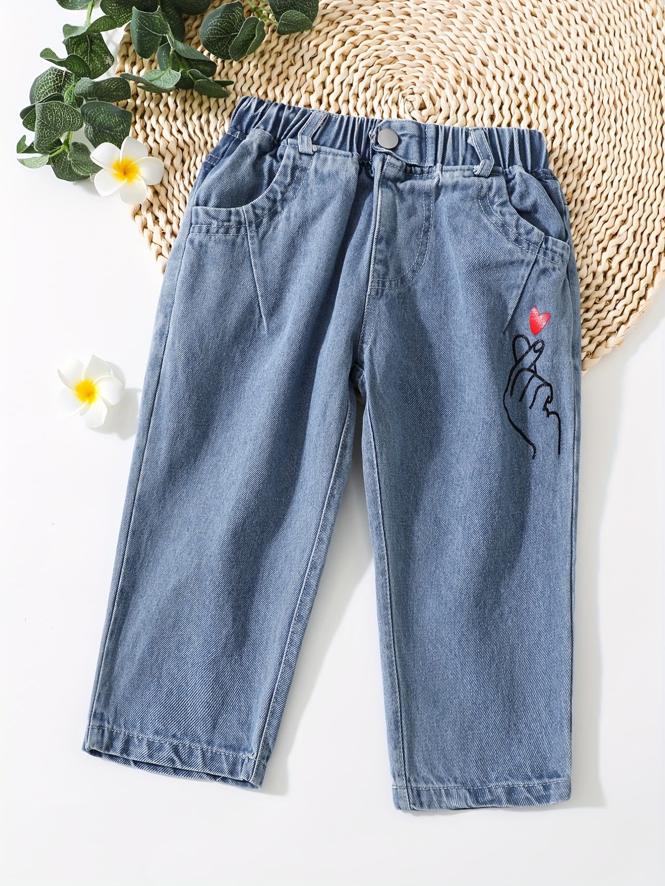 Toddler Girls Heart Graphic Casual Denim Pants Trousers