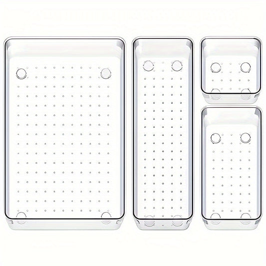 4pcs Clear Plastic Storage Tray Drawer Organizer Set Non Slip Storage Box