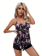 Tiered Layer Ruffled Tankini Set Scoop Neck Boxer Shorts 2 Piece Swimsuit
