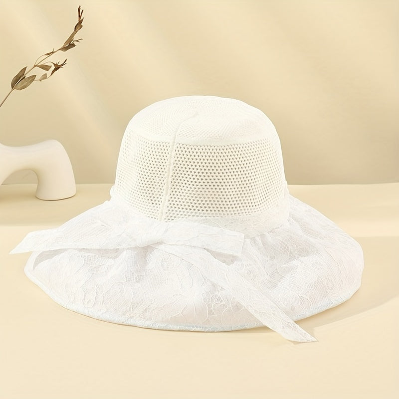 Mesh Hollow Lace Sun Hat Wide Brim Casual Beach Travel Bucket Hat