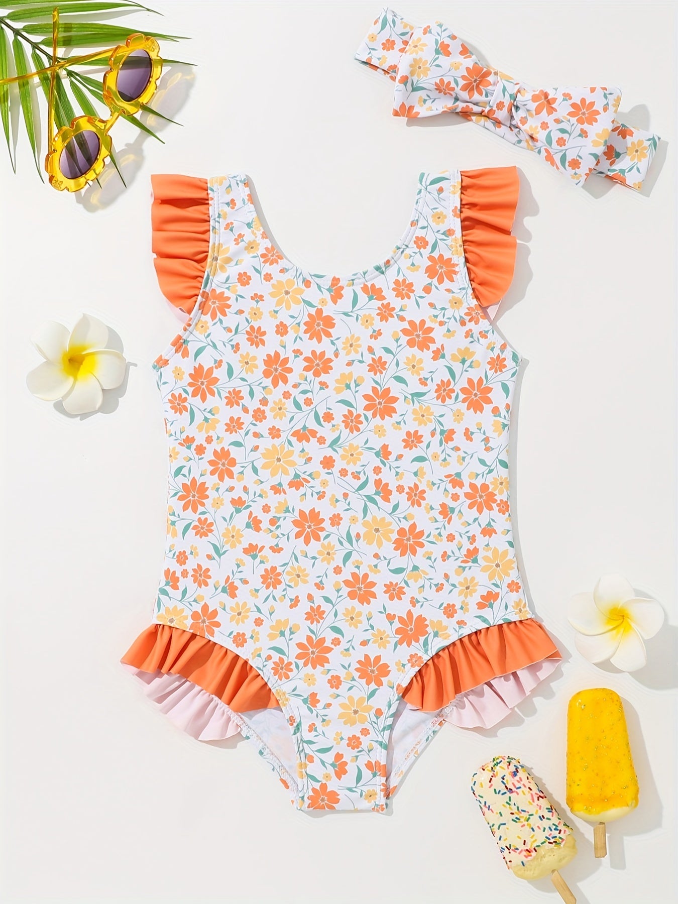 Baby Girls Floral Ruffle One piece Swimsuit With Headband