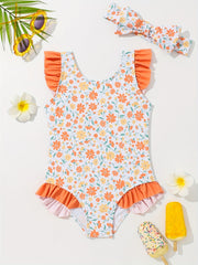 Baby Girls Floral Ruffle One piece Swimsuit With Headband