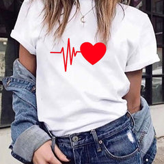 Red Heart Print Short Sleeve T shirt Solid Round Neck Comfy Tops