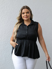 Solid Button Up Turn Down Collar Peplum Vest Top