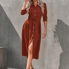 Women's Button Casual Slim Dress with Waist Tie