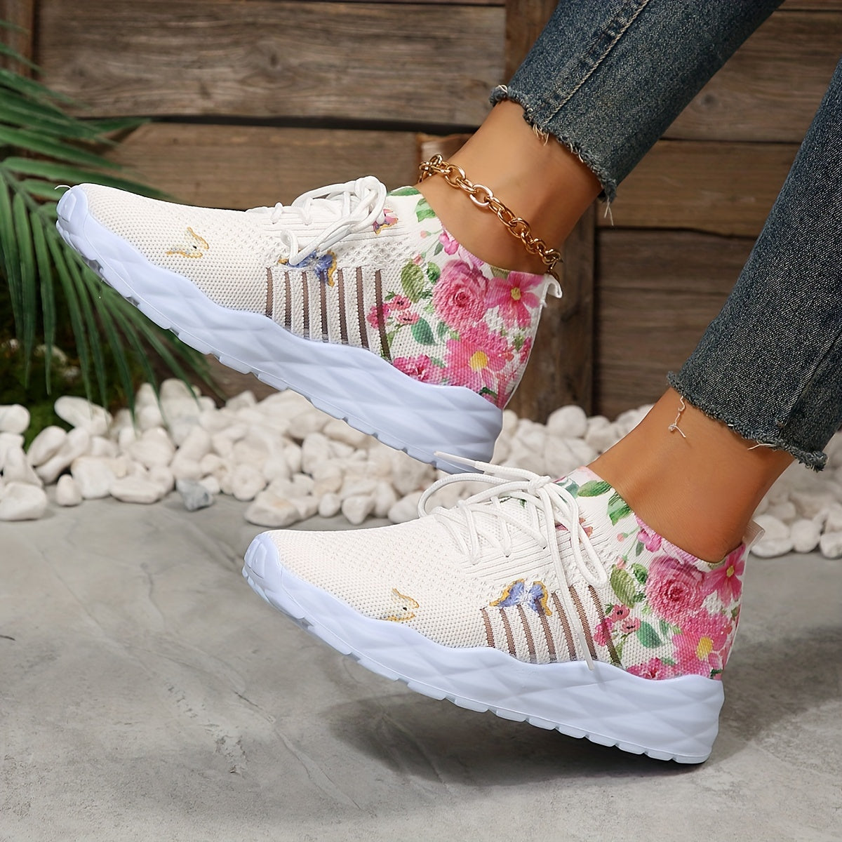 Women's Flower & Butterfly Platform Sneakers Breathable Mesh Lace Up Shoes