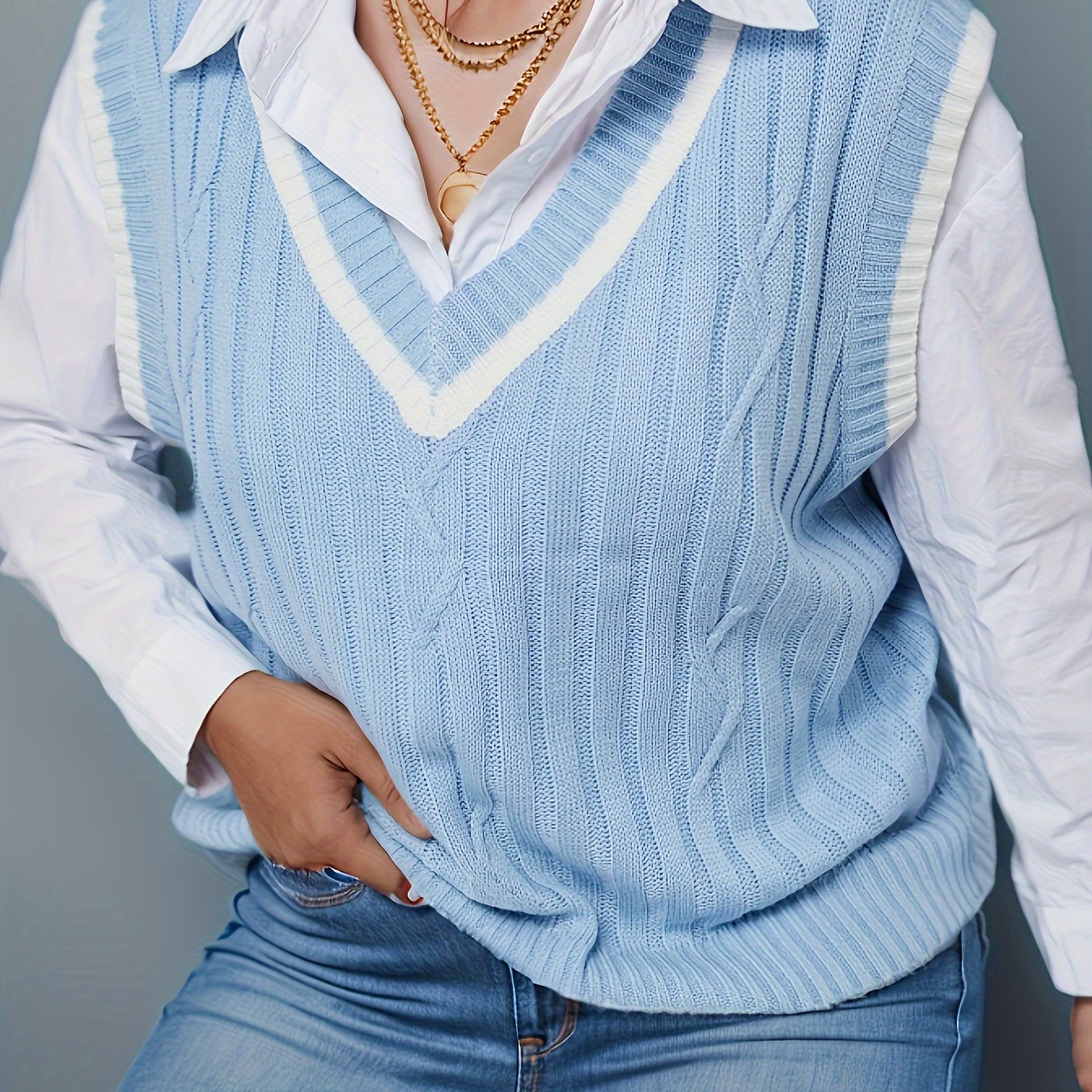 Preppy Sweater Vest Women's Plus Striped V Neck Knit