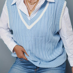Preppy Sweater Vest Women's Plus Striped V Neck Knit