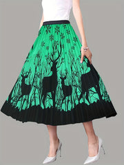 Deer Print Pleated Midi Skirt A Line Boho Style