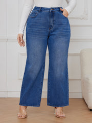 Solid Button Fly High Rise Wide Leg Jeans