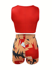 Sexy 2pc Set Sleeveless Tank Top & Geo Print Shorts Outfit