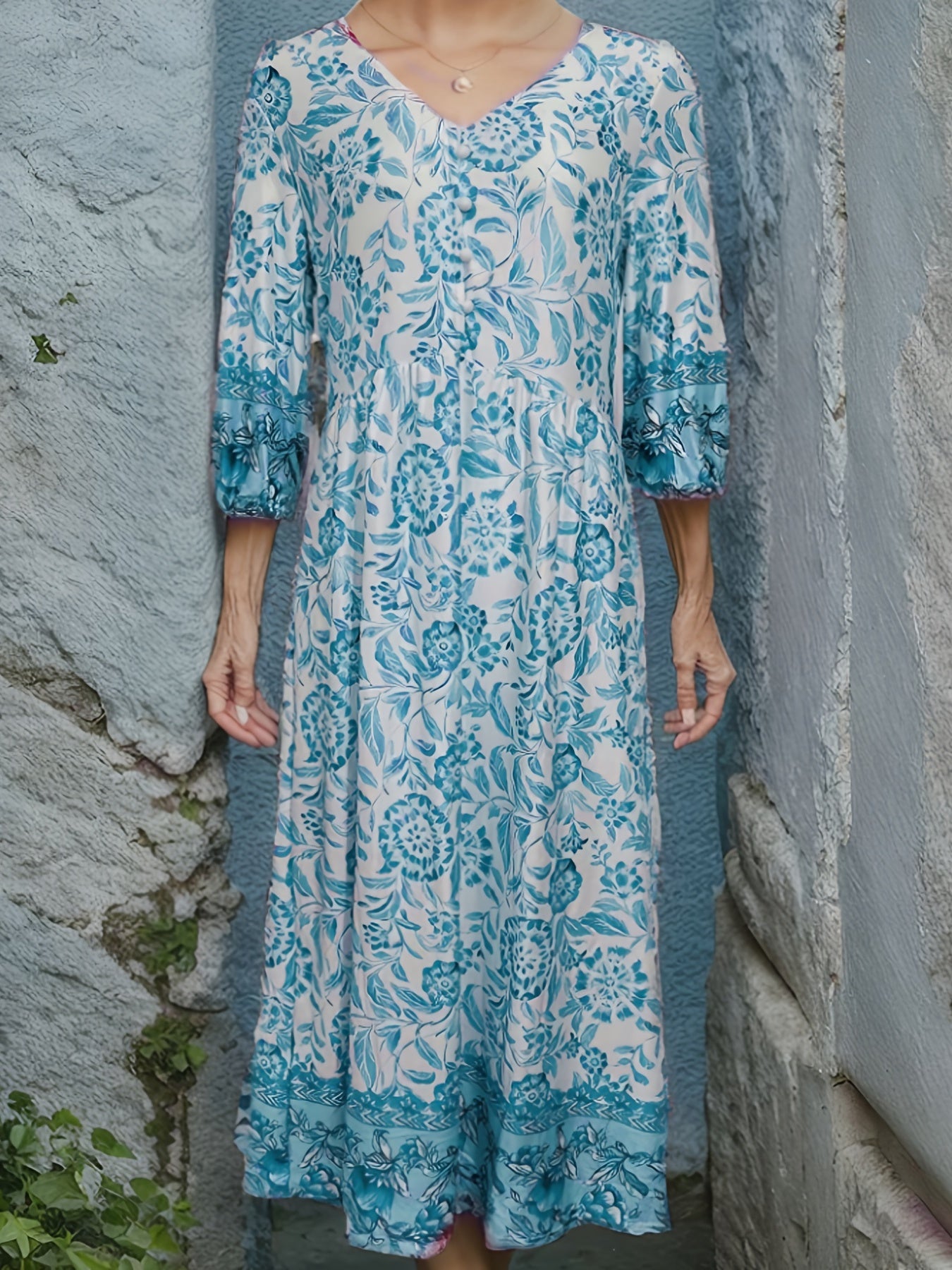 Floral Print Lantern Sleeve Dress Vintage V Neck Summer Dress Women's Clothing