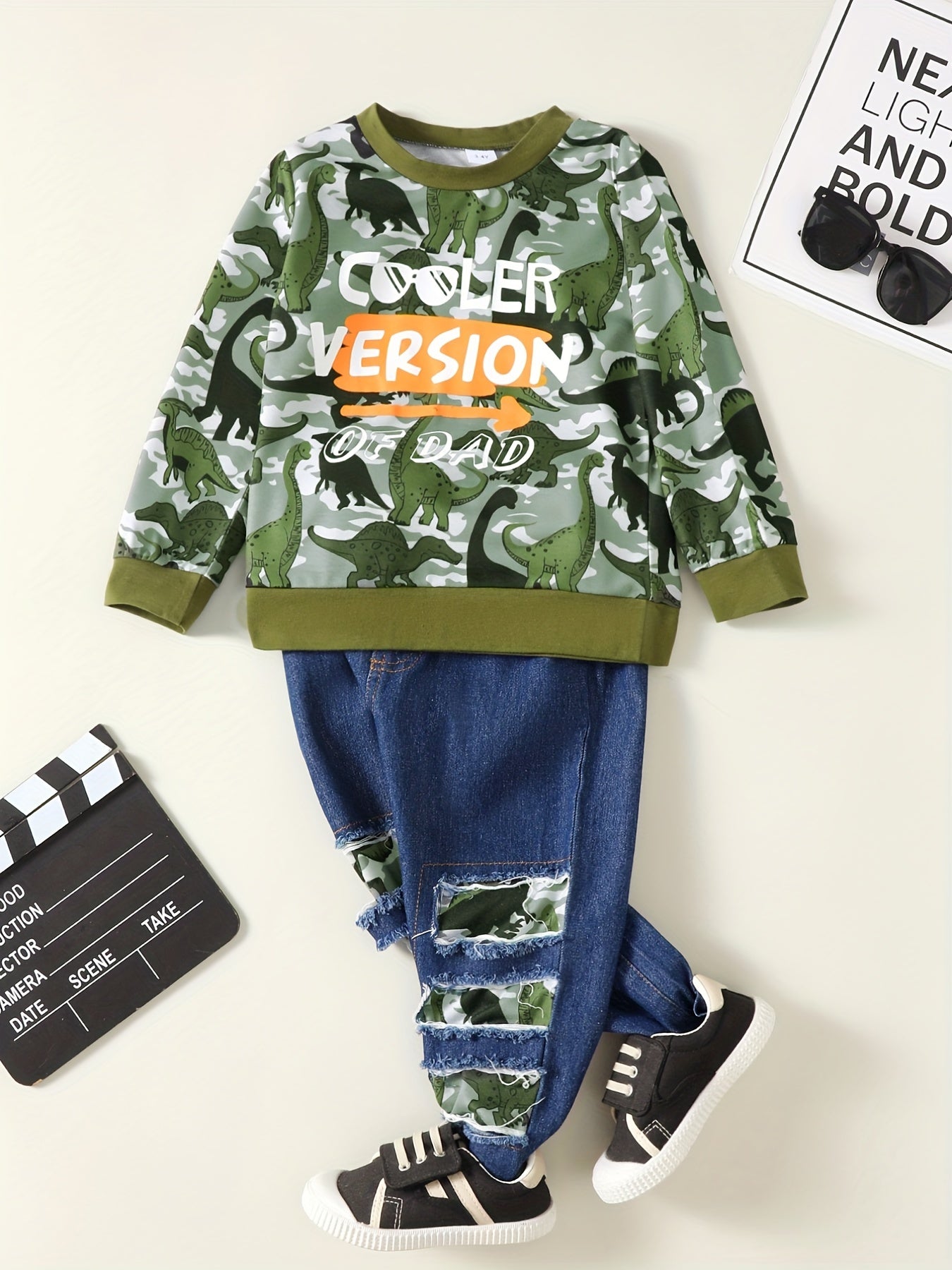 Boys Daddy's BUDDY Print Camouflage Long Sleeve Sweatshirt & Ripped Jeans Set