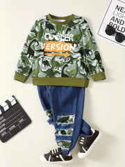 Boys Daddy's BUDDY Print Camouflage Long Sleeve Sweatshirt & Ripped Jeans Set