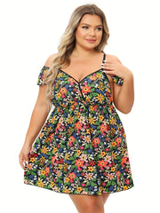 Floral Print Cold Shoulder Ruffle Trim Cami Dress