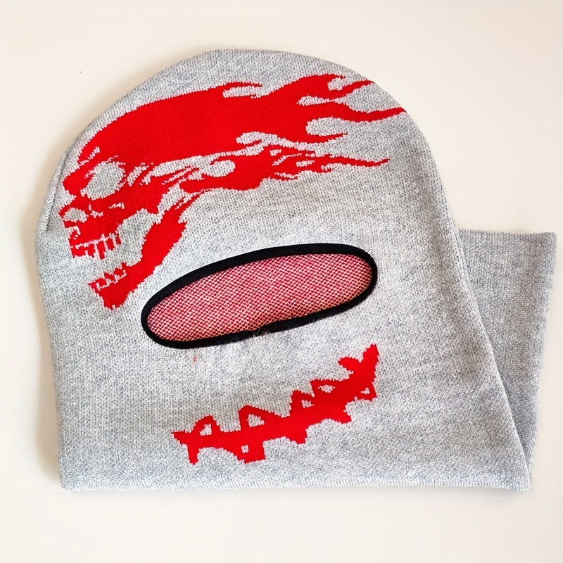 Red Skull Jacquard Balaclava Gray Unisex Ski Mask Knitted Warm Beanie