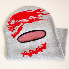 Red Skull Jacquard Balaclava Gray Unisex Ski Mask Knitted Warm Beanie