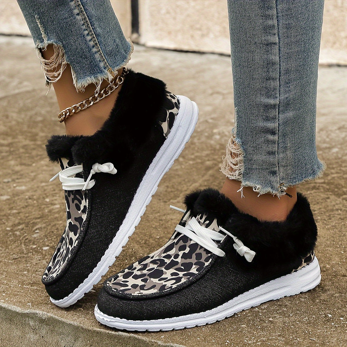 Leopard Print Warm Sneakers Lightweight Casual Flat Shoes