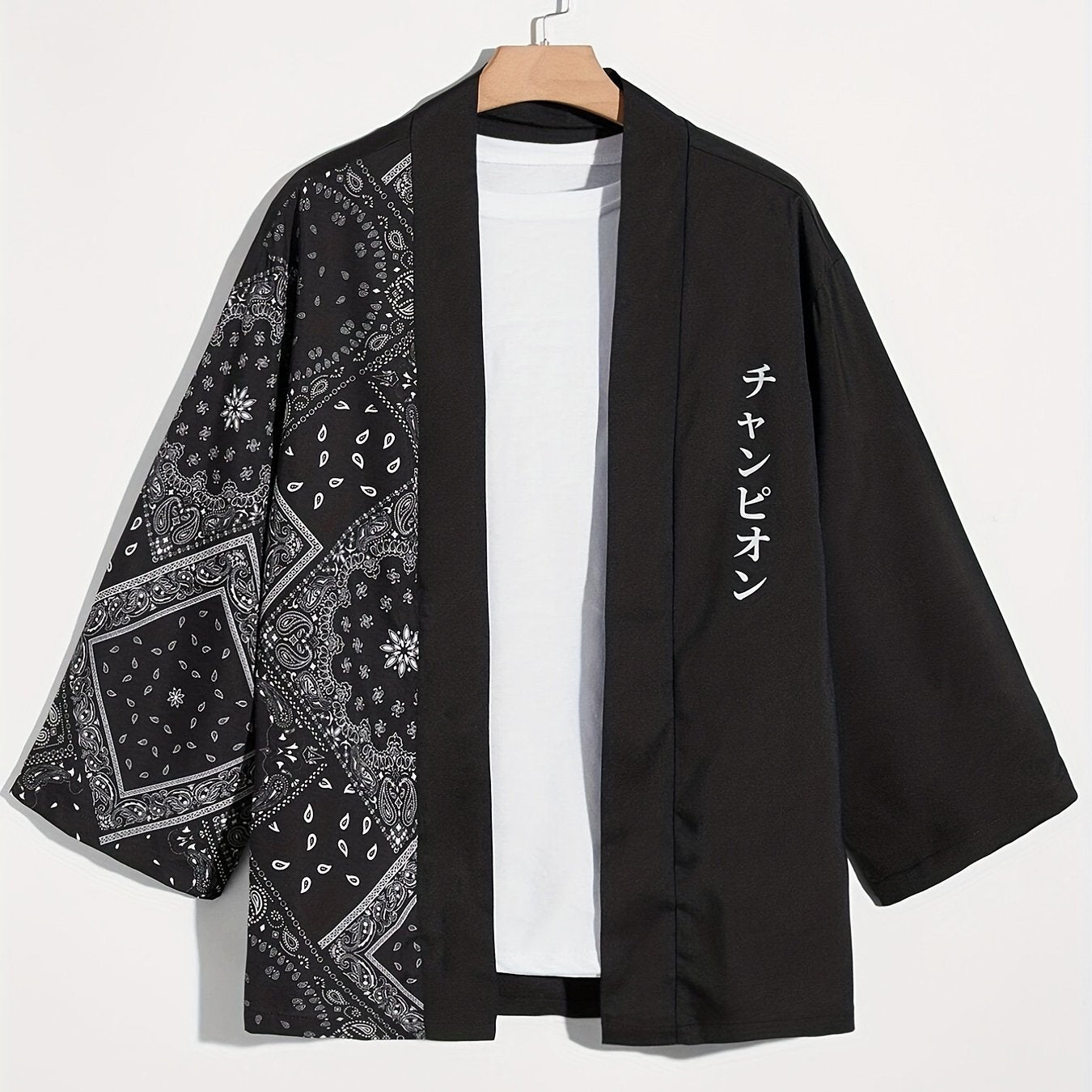 Men's Paisley & Japanese Letter Print Kimono Style Shirt