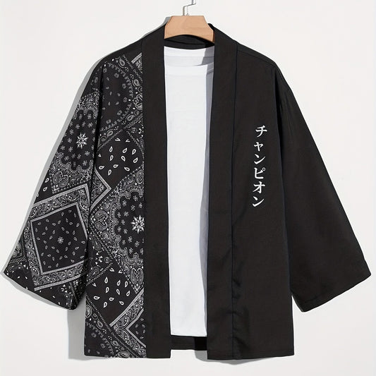 Men's Paisley & Japanese Letter Print Kimono Style Shirt