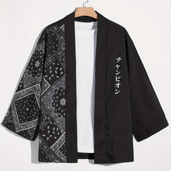 Men's Paisley & Japanese Letter Print Kimono Style Shirt