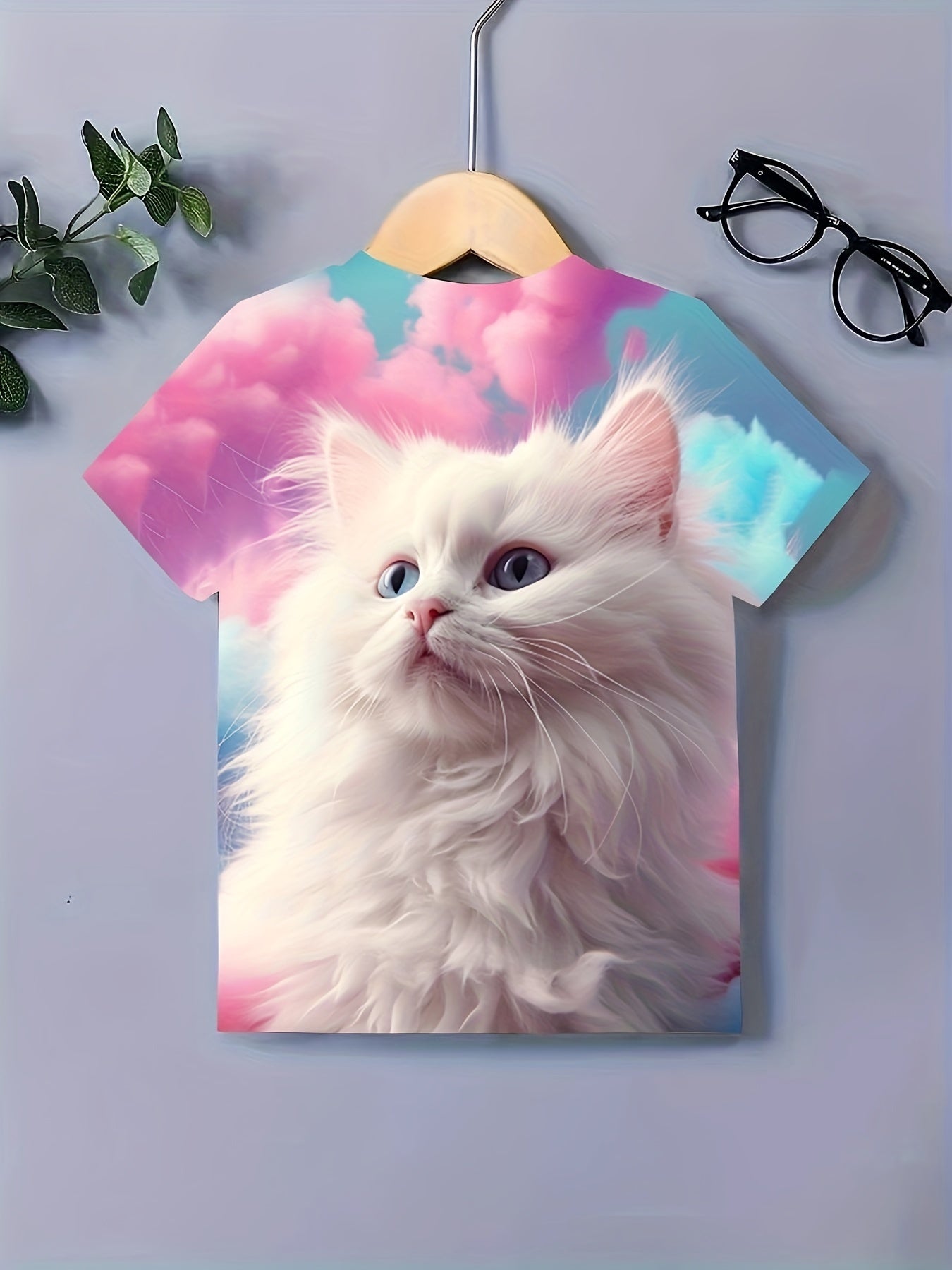 Dreamy Cat Graphic Short Sleeve T-shirt for Girls