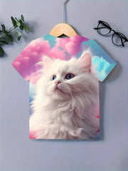 Dreamy Cat Graphic Short Sleeve T-shirt for Girls