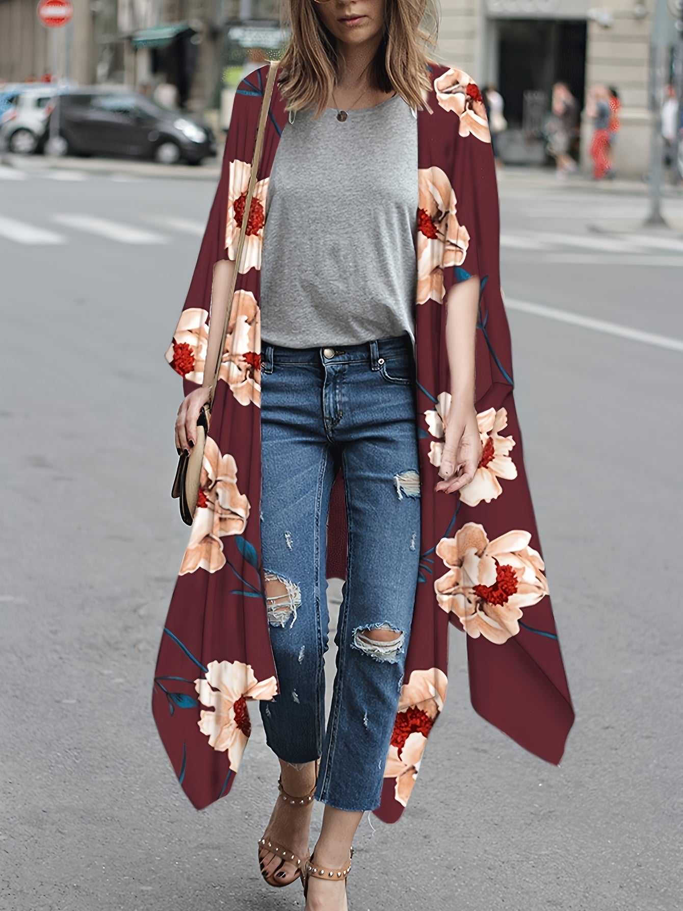 Floral Chiffon Blouse V Neck Long Sleeve Rash Guard Casual Beachwear