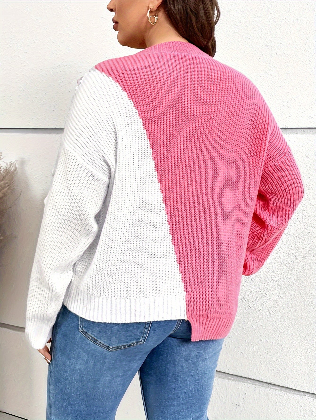 Colorblock Lace Up Crew Neck Casual Sweater