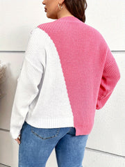Colorblock Lace Up Crew Neck Casual Sweater