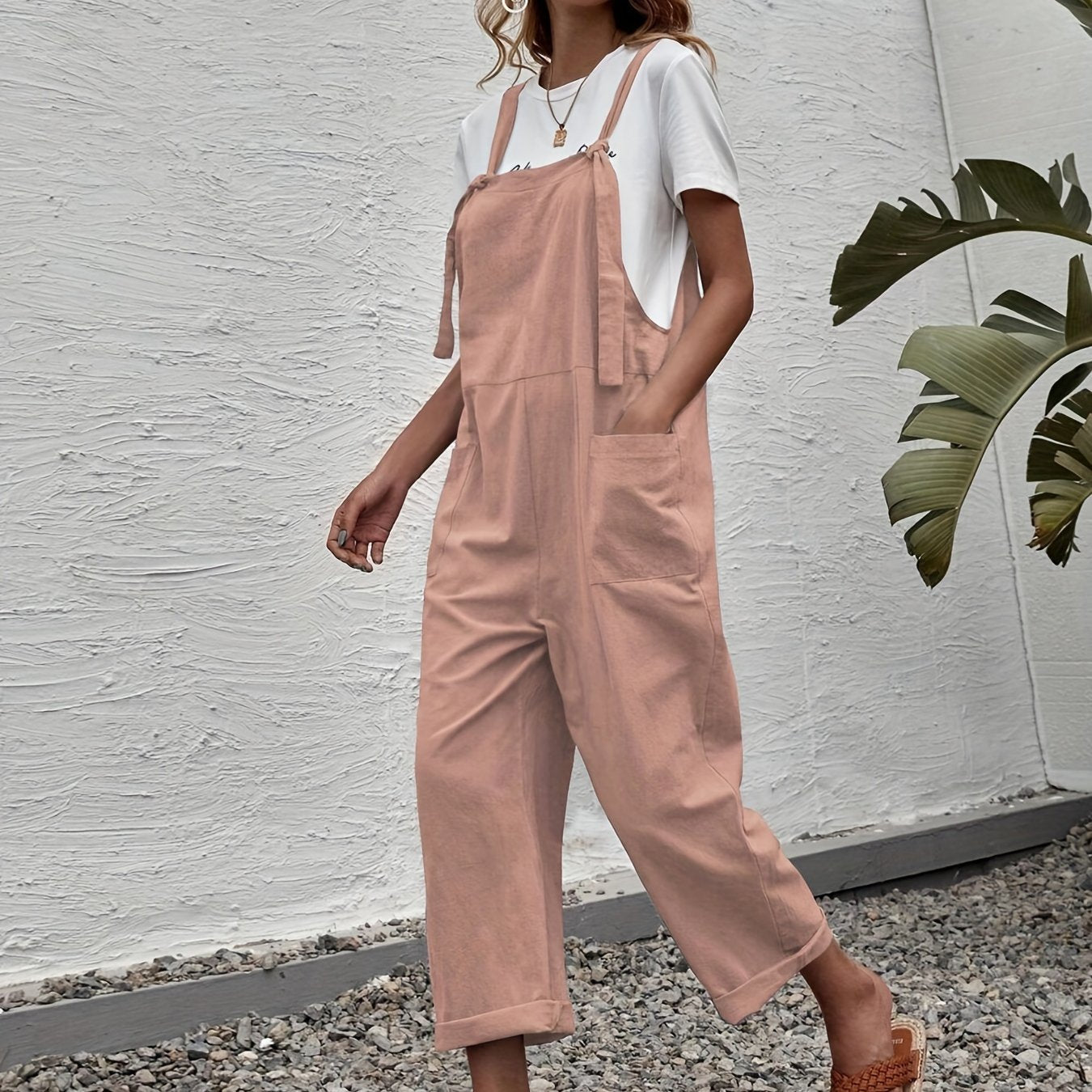 Casual Sleeveless Wide Leg Jumpsuit With Pockets Women's Clothing