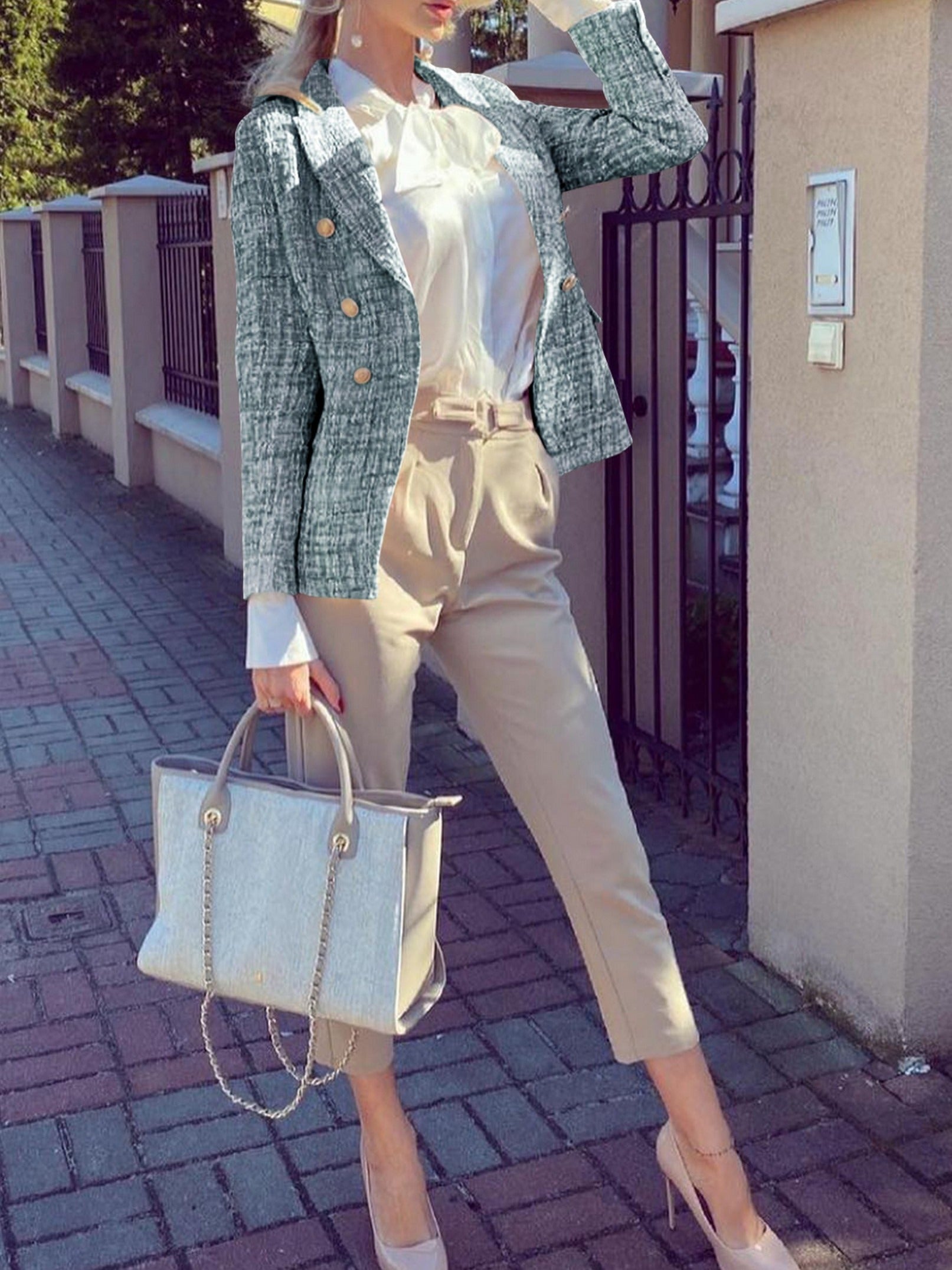 Tweed Double Breasted Blazer Collared Top for Women