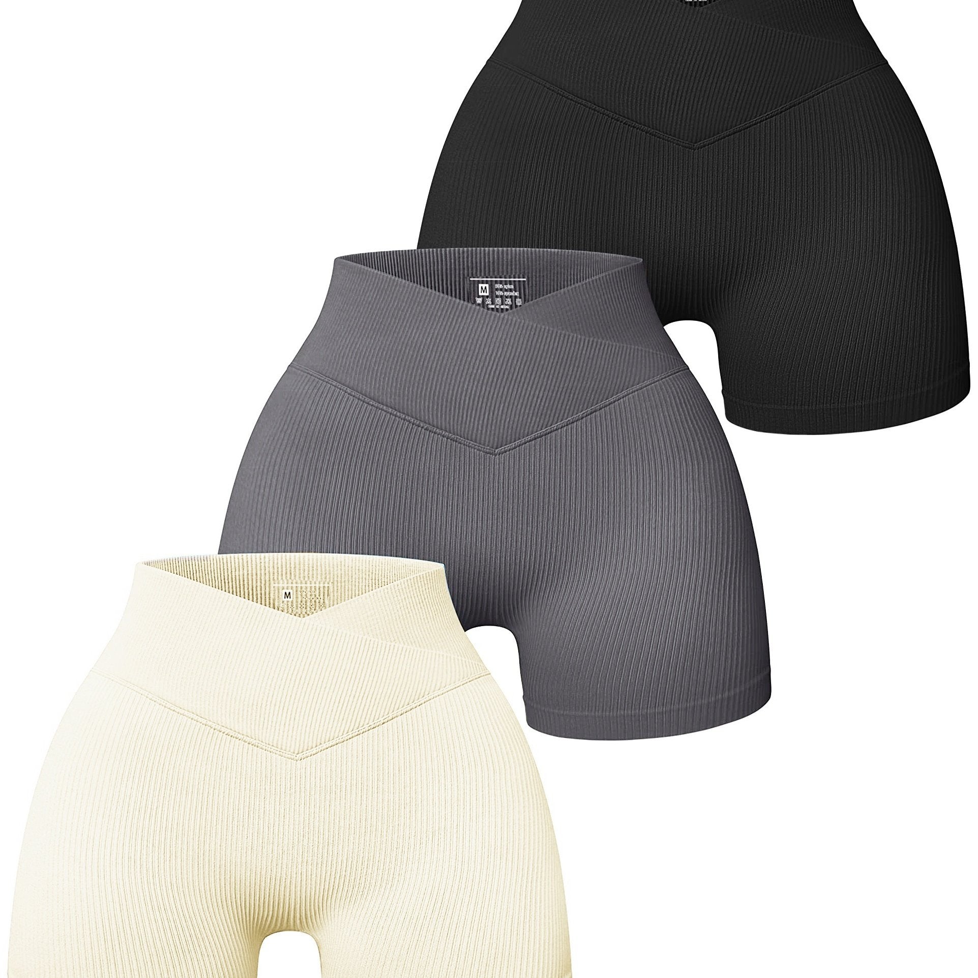 3pcs Cross Waist Ribbed Yoga Shorts Seamless Workout High Waist