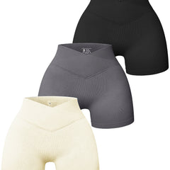 3pcs Cross Waist Ribbed Yoga Shorts Seamless Workout High Waist