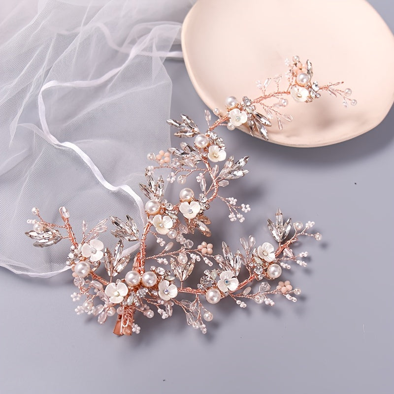 Silver Rose Rhinestone Headband Bridal Hair Clips Tiara Hair Jewelry