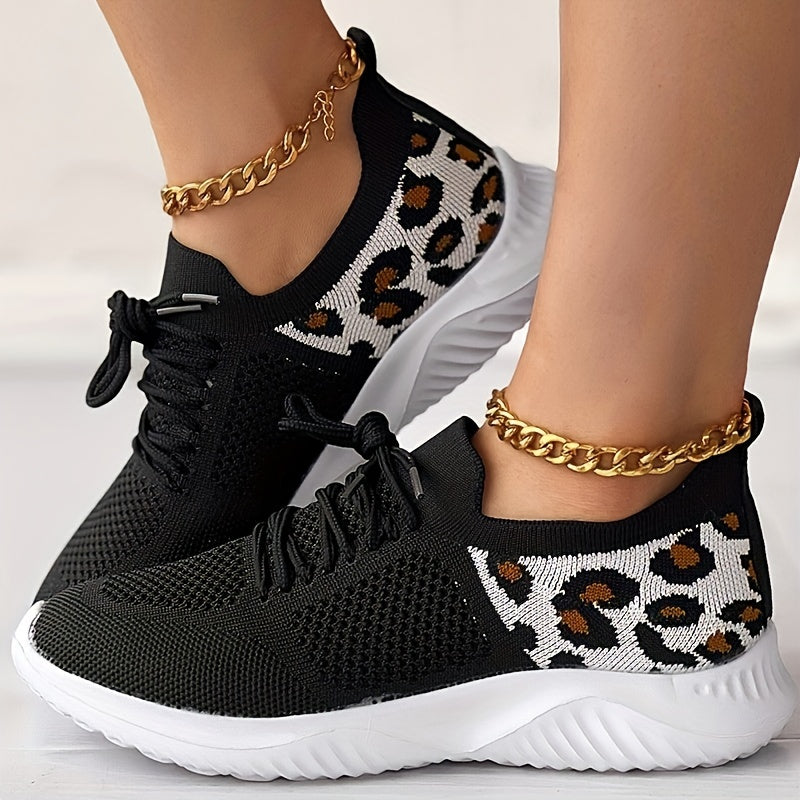 Leopard Print Chunky Sneakers Lace Up Low Top Shoes