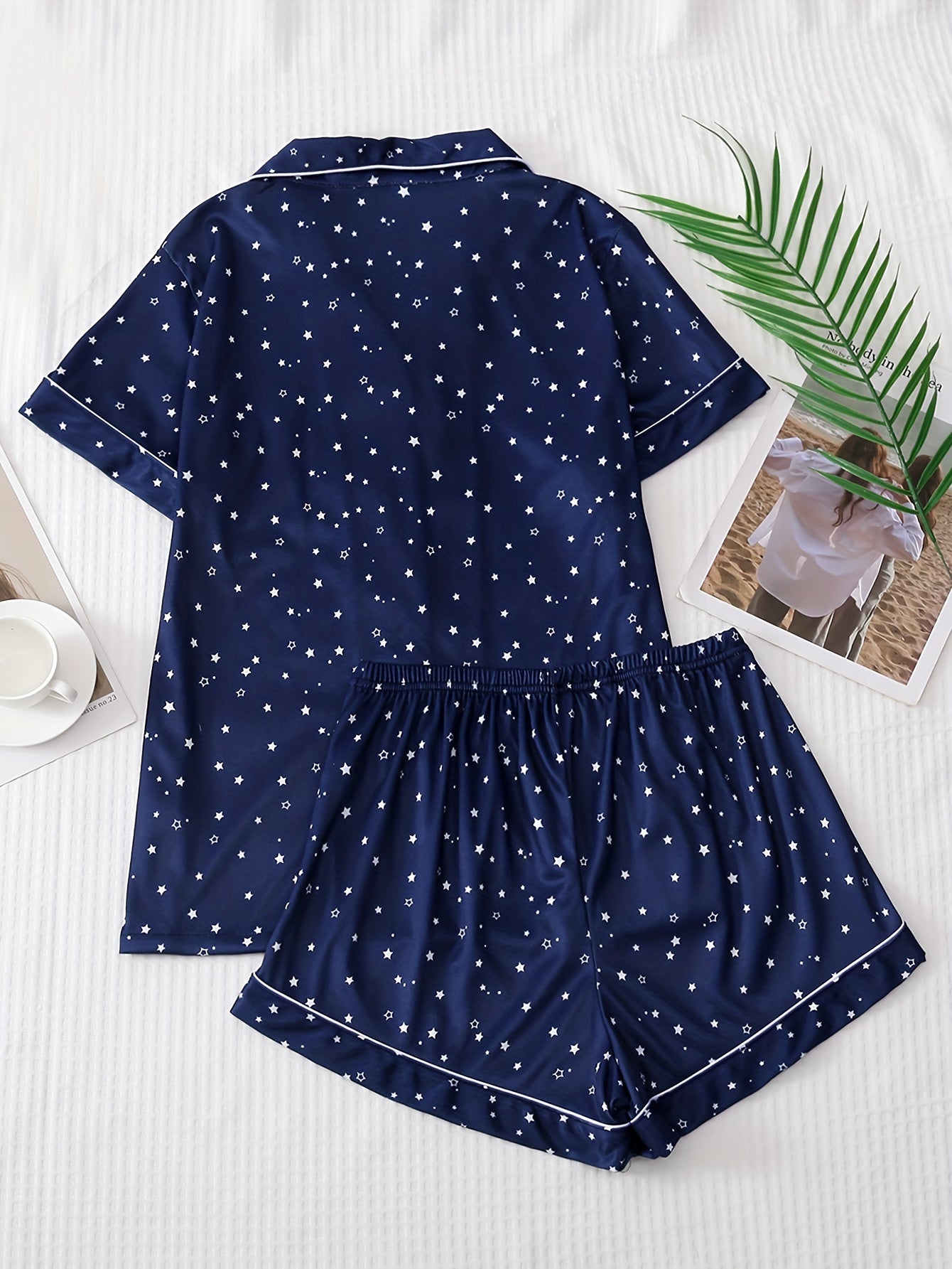 Star Print Pajama Set Short Sleeve Lapel Top & Elastic Waistband Shorts