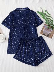 Star Print Pajama Set Short Sleeve Lapel Top & Elastic Waistband Shorts