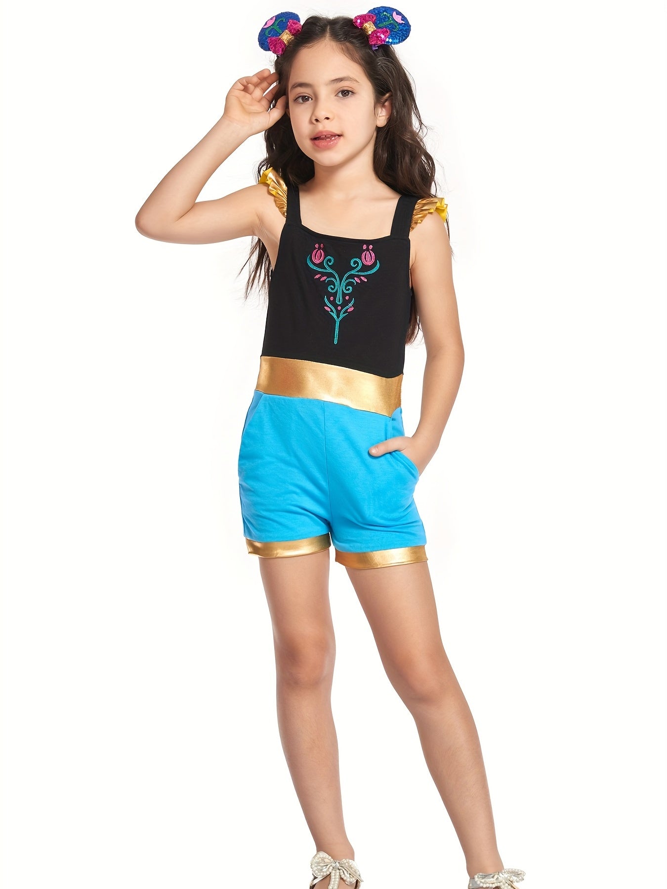 Toddler Girls Ruffle Trim Block Rompers Jumpsuits Princess Cosplay Costume