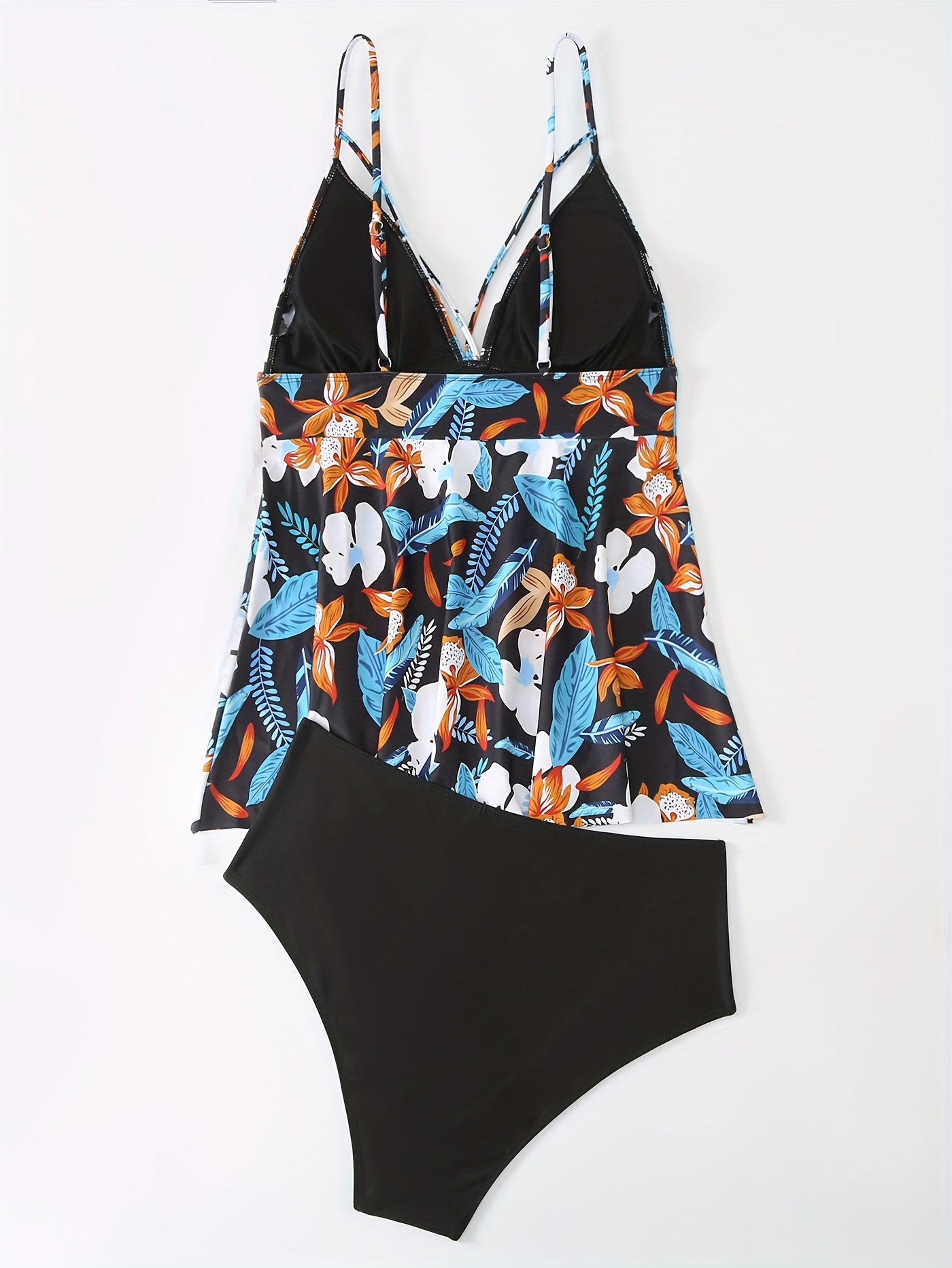 Retro Tankini Set Women's Plus Floral Print V Neck Strappy Cami Top