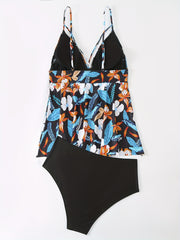 Retro Tankini Set Women's Plus Floral Print V Neck Strappy Cami Top